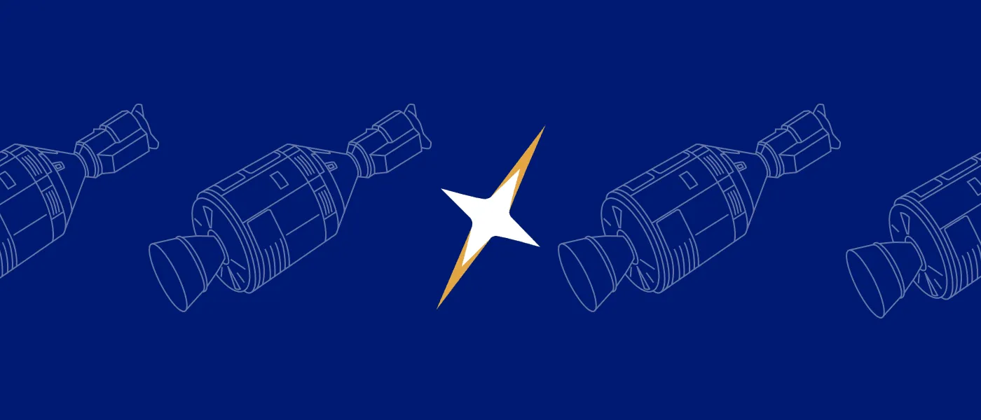 Star-shaped spark between blueprint-style rockets on a dark blue background